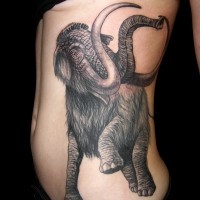 Large black-ink mammoth tattoo on side