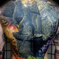 Large detailed painted whole back tattoo of gargoyle warrior statue