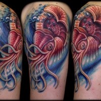 Large tattoo painted in new school style upper arm tattoo of corrupted nautilus