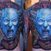 Large whole back tattoo of blue demonic monster with snake