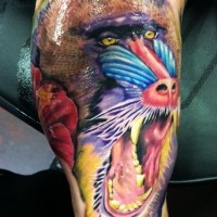 Large wonderful colorful baboon head tattoo on arm
