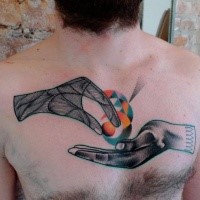 Linework style colored chest tattoo of human hands