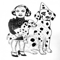 Little black-and-white girl with domestic animal couple tattoo design