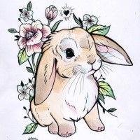 Little colored rabbit surrounded with lovely flowers tattoo design