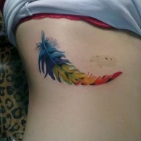 Lovely colorful feather tattoo on rib-side