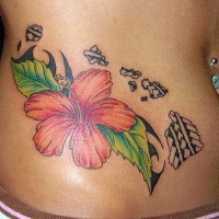 Lovely colorful hawaiian flower tattoo on belly