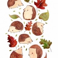 Lovely tiny hedgehogs flying among maple and oak leaves tattoo design