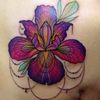 Lovely vivid-colored iris flower with beads tattoo on back