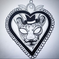 Mad-eyed sphynx cat in thick beaded heart frame tattoo design