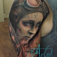 Marvelous detailed painted upper arm tattoo of zombie woman pilot