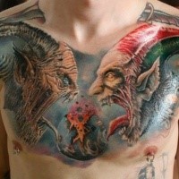 Estilo moderno tatuagem no peito colorido de monstros gritando com explodir a terra