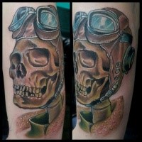 Modern traditional style colored tattoo of pilot skeleton