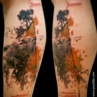 Modern trash polka style colored leg tattoo of lion face with lettering