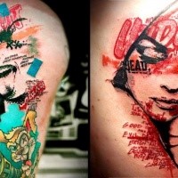 Modern trash polka style colored thigh tattoo of creepy woman with lettering