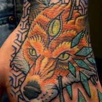 Mystical designed big colored animal fox tattoo on foot