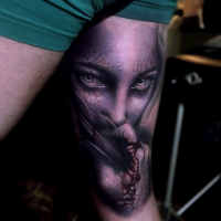 New school style colored half sleeve tattoo of monster womna with bloody hand