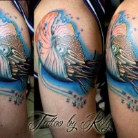 New school style colored thigh tattoo of swimming nautilus