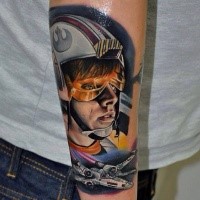 New school style detailed painted Luke Skywaler portrait tattoo on arm