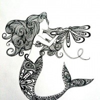 Nice black-ink mermaid with floral-patterned tail tattoo design