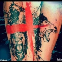 Old looking trash polka style tattoo of roaring lion with red cross
