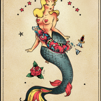 Old school blondy mermaid cut into two parts tattoo design