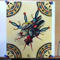 Old school pantherhead killed with a lot of daggers tattoo design