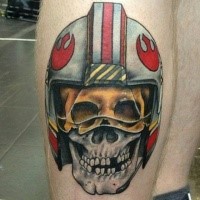 Old school style colored leg tattoo of Rebel pilon skull with helmet