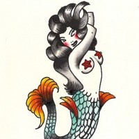 Old school style flirting mermaid tattoo design