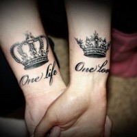 One life one love quote with crowns double tattoo on arms