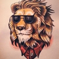 Orange lion in red shirt and sunglasses tattoo design