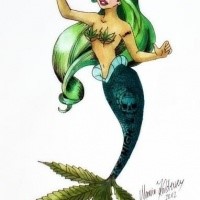 Original drunk smoking cannabis mermaid tattoo design