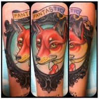 Original style painted and colored little fox portrait with lettering animal tattoo on arm