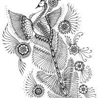 Outline peacock with layer tail surrounded with flowers tattoo design