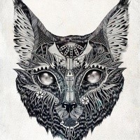 Patterned cat head with black falling saliva tattoo design