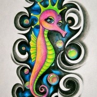 Pink-and-green seahorse punk in black cloudy smoke tattoo design