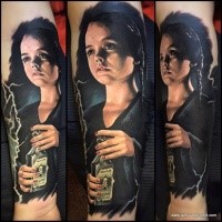 Portrait style colored tattoo of little girl with bottle