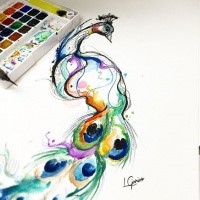 Rainbow watercolor peacock tattoo design