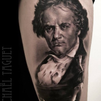 Realistic Beethoven portrait tattoo