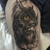 Realistic black grey owl with girl tattoo by kasasink