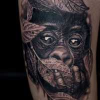 Realistic cute little chimpanzee in leafs tattoo