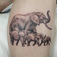 Realistic elephant family tattoo on shin