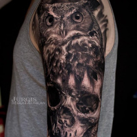 Realistic owl and skull tatto on shoulder