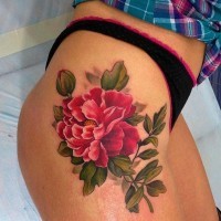 Realistic red peony flower tattoo on thigh