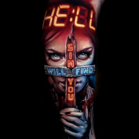 Realistic tattoo with Sin Will Find You lettering