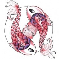 Red-and-violet koi fish swimming by circle tattoo design