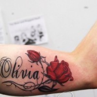 romantico olivia nome con rosa tatuaggio su braccio
