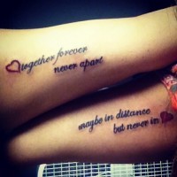 Romantic double quote tattoo for couple on arms