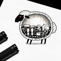 Round sheep with mechanical insides tattoo design