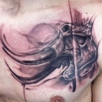 Scary black-and-white mammoth skull tattoo on chest