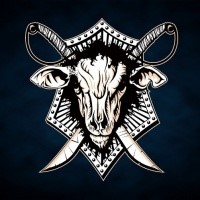 Scary black-fur sheep head and crossed swords tattoo design
